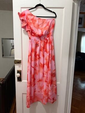 One-Shoulder Pink & Coral Floral Midi Dress